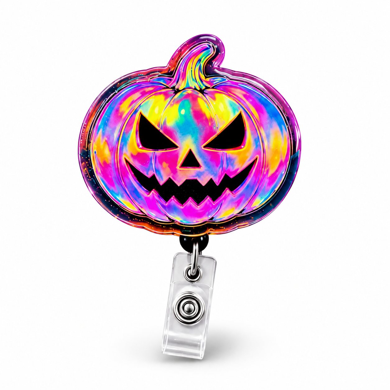A Halloween-themed retractable badge reel featuring a glossy, iridescent jack-o'-lantern face with a black carved expression. The acrylic pumpkin has a vibrant, rainbow-like holographic sheen with pink, blue, yellow, and purple tones.