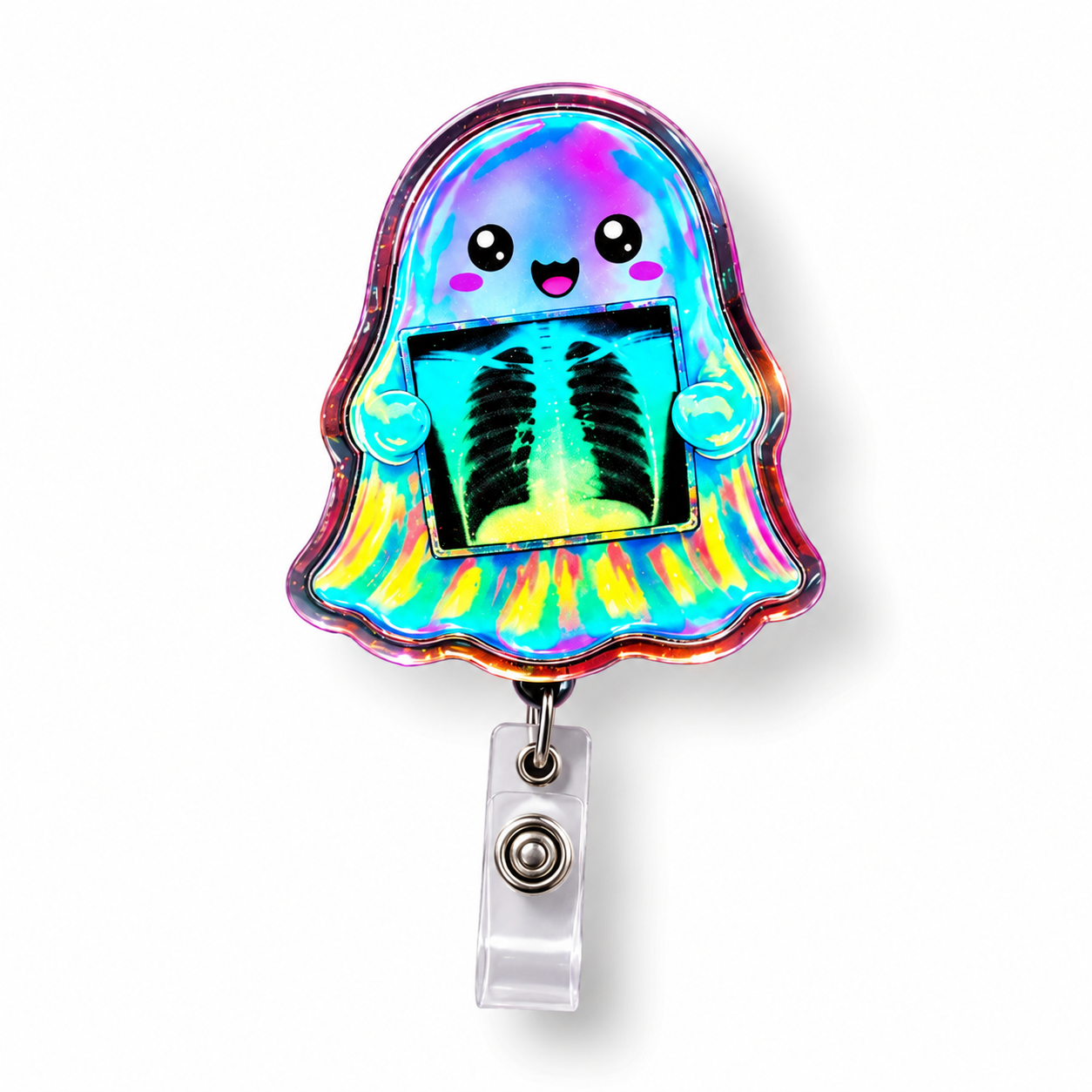 A ghost-shaped retractable badge reel with a holographic rainbow finish and a cute smiling face holding an X-ray graphic, attached to a clear plastic clip on a white background.