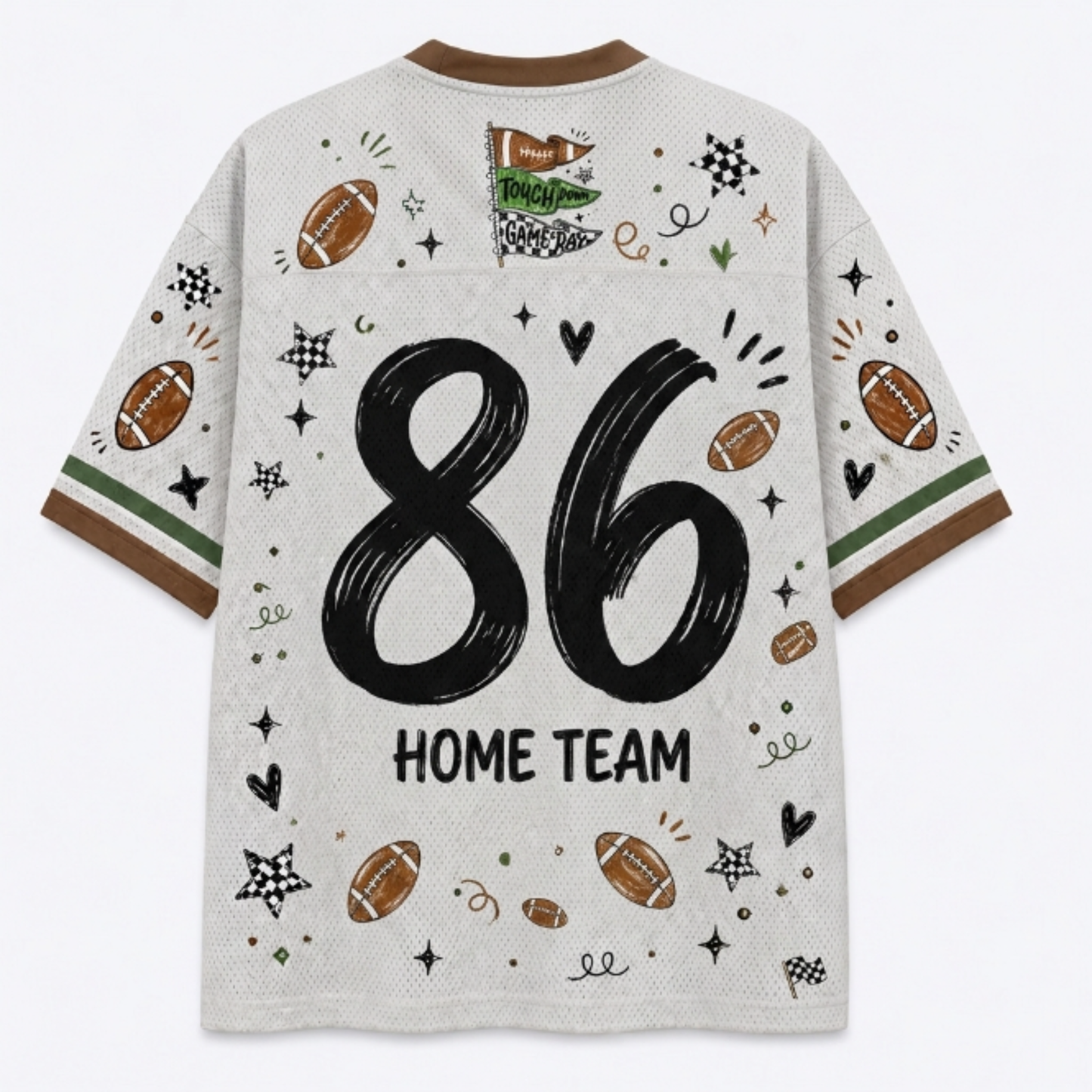 A white mesh short-sleeve t-shirt with a brown crew neck and sleeve cuffs, featuring a large black '86' and 'HOME TEAM' text on the back, decorated with football illustrations and sports doodles.