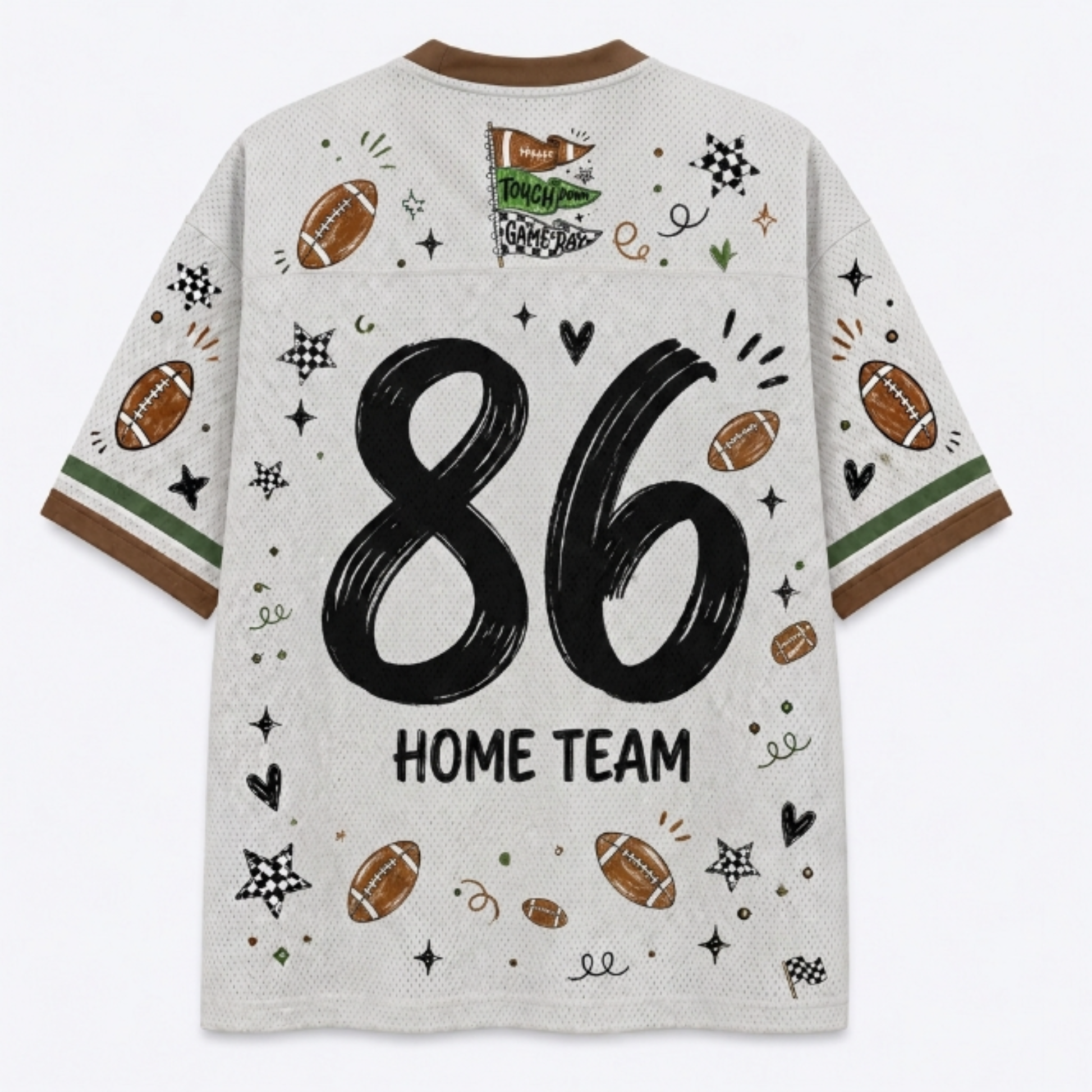 A white mesh short-sleeve t-shirt with a brown crew neck and sleeve cuffs, featuring a large black '86' and 'HOME TEAM' text on the back, decorated with football illustrations and sports doodles.