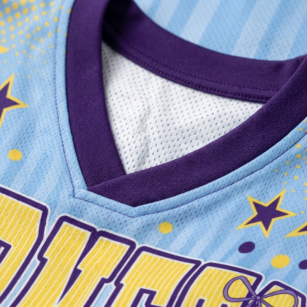 Close-up of a light blue mesh sports jersey with a purple V-neck collar, yellow and purple graphic lettering, and star details.