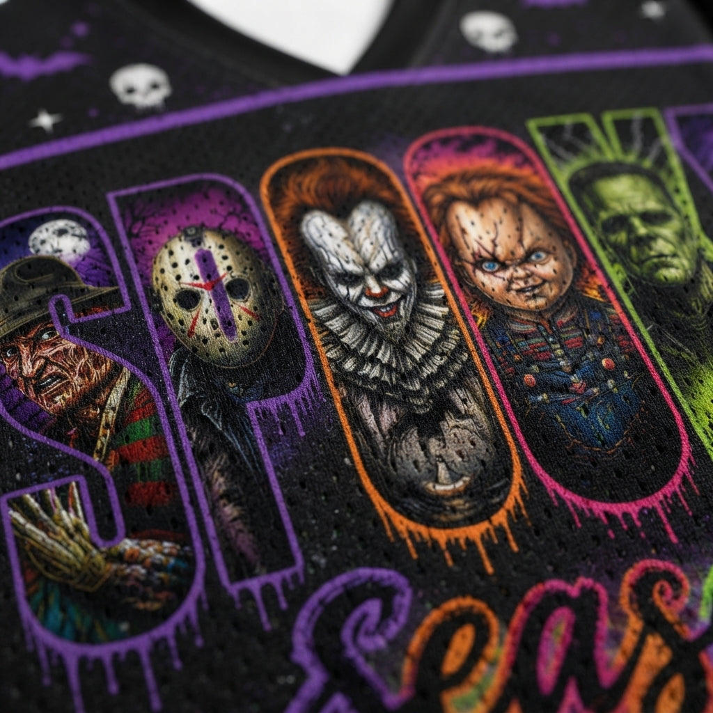 Macro close-up shot of the graphic print on mesh, focusing on the intricate horror charac