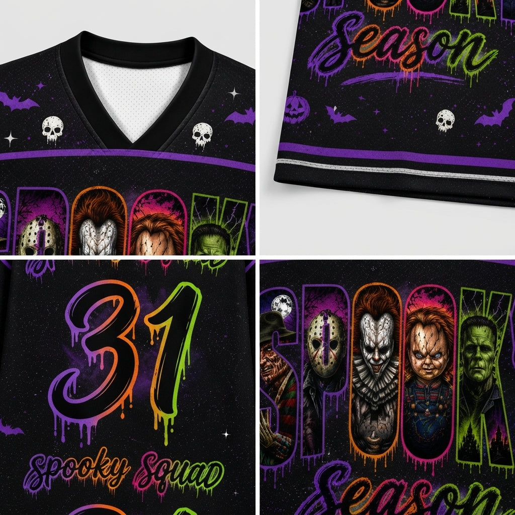 Product compilation highlighting the solid black V-neck collar, neon purple sleeve accents, white athletic stripe trim, and high-definition sublimation mesh print.