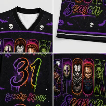 Product compilation highlighting the solid black V-neck collar, neon purple sleeve accents, white athletic stripe trim, and high-definition sublimation mesh print.