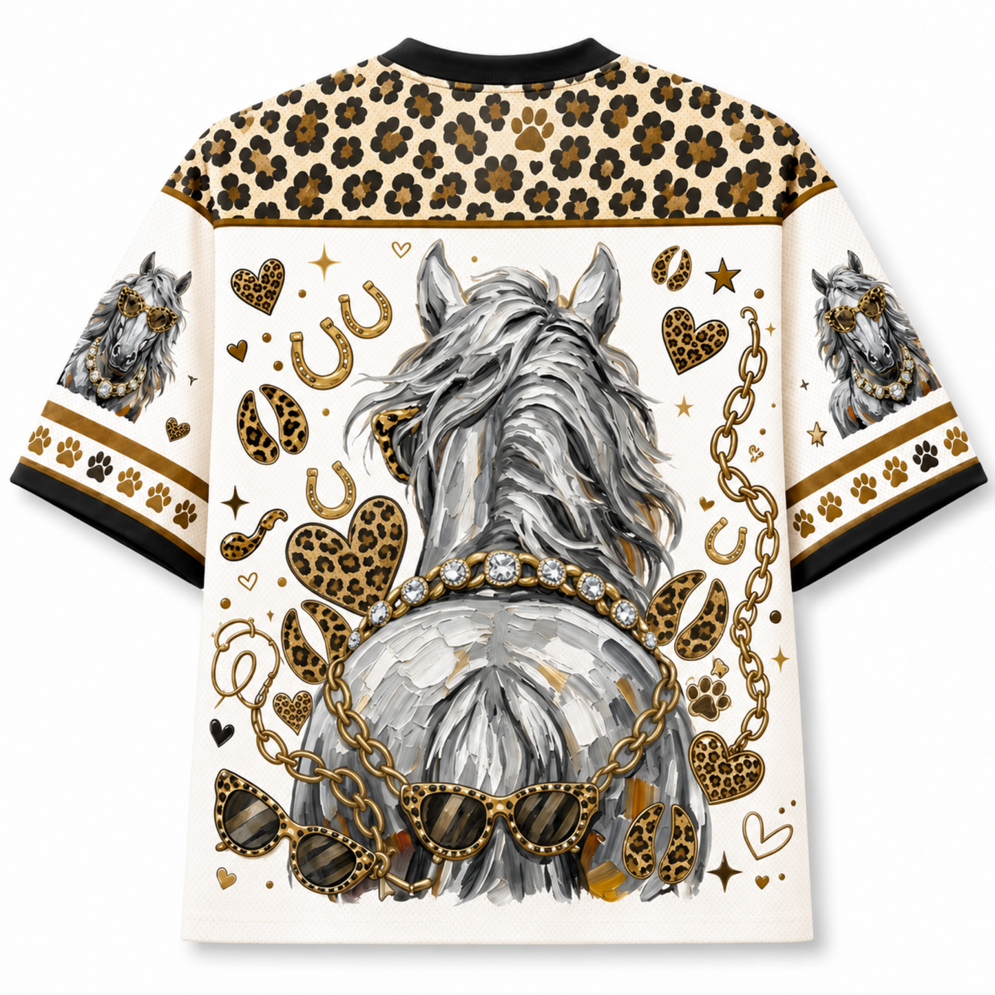 A short-sleeve crewneck t-shirt featuring a graphic print of a gray horse from behind, adorned with gold chains, leopard print hearts, paw prints, and horseshoes on a cream background.