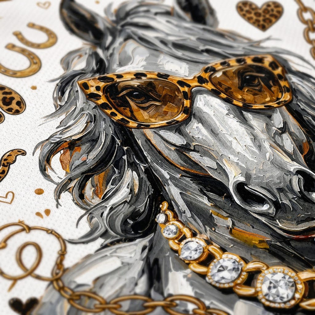 Close-up of a stylized horse illustration with gray and white brushstrokes, leopard-print sunglasses, a gold chain necklace, and gold decorative motifs on a light background.