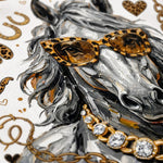 Close-up of a stylized horse illustration with gray and white brushstrokes, leopard-print sunglasses, a gold chain necklace, and gold decorative motifs on a light background.