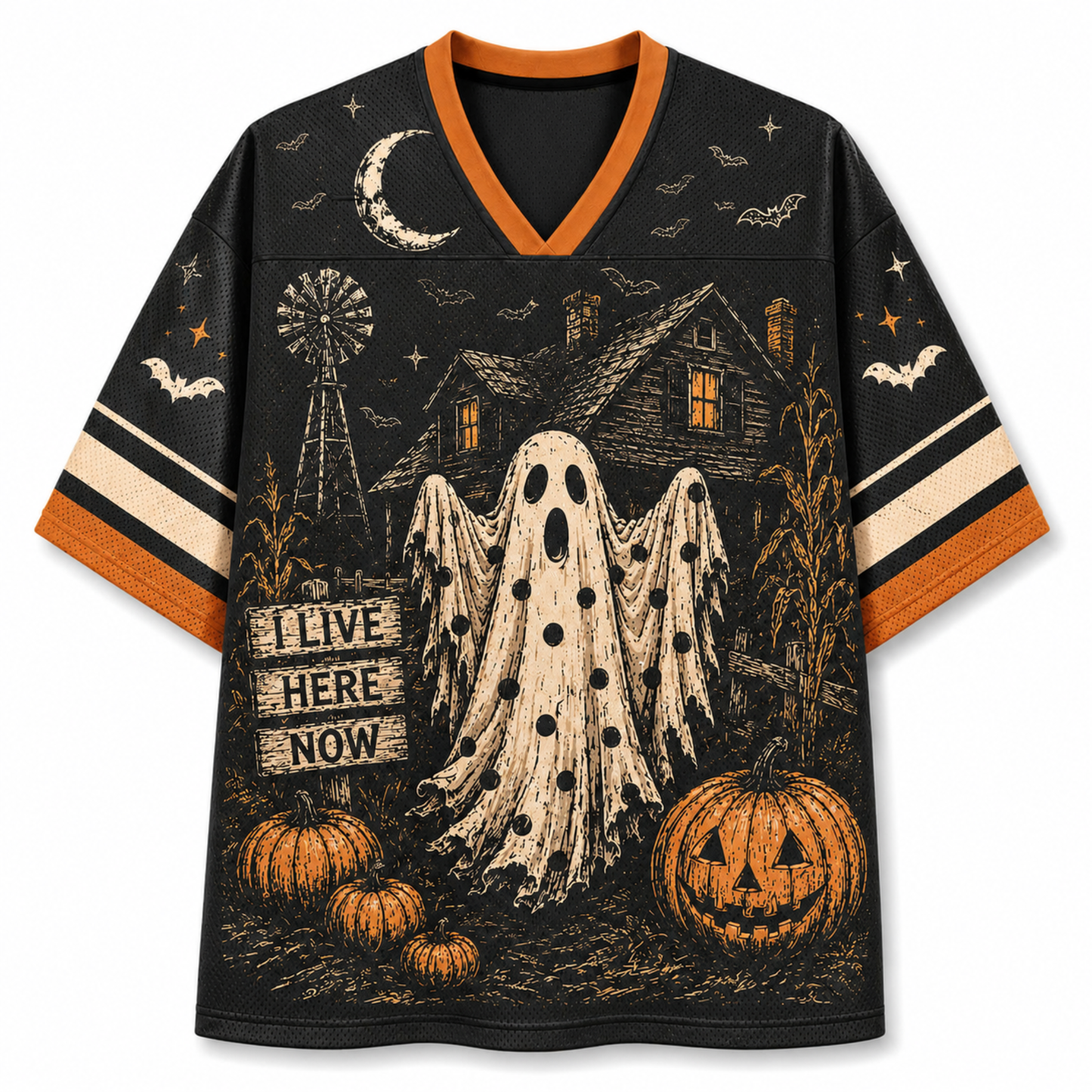 A black V-neck short-sleeve jersey-style shirt with orange trim and a Halloween graphic print featuring a ghost, haunted house, pumpkins, bats, stars, and a moon on a white background.