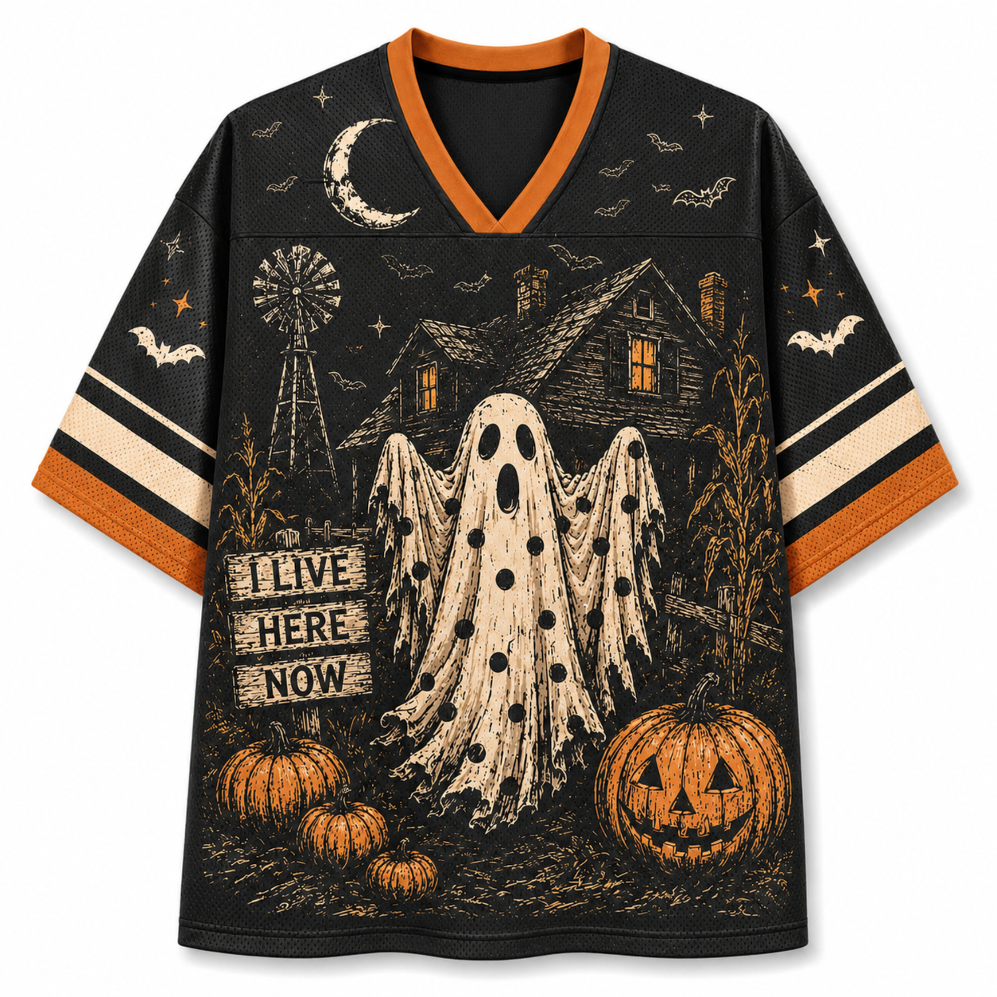 A black V-neck short-sleeve jersey-style shirt with orange trim and a Halloween graphic print featuring a ghost, haunted house, pumpkins, bats, stars, and a moon on a white background.