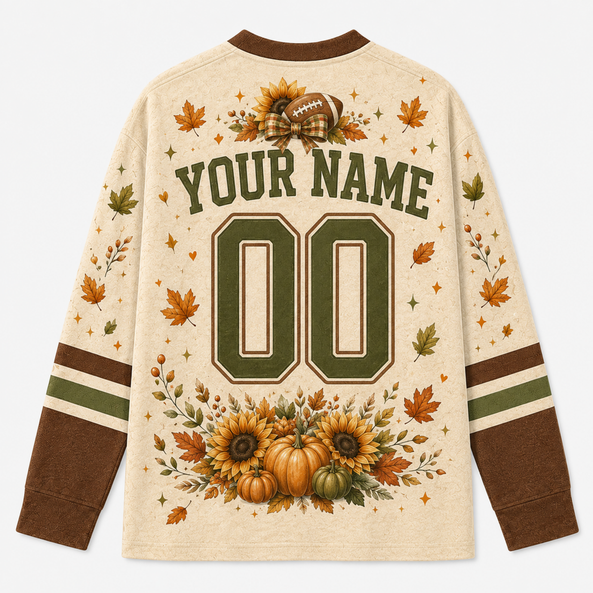 A long-sleeve cream-colored sports jersey shown from the back, featuring customizable text 'YOUR NAME' and number '00' in dark green varsity lettering. The design is decorated with autumn-themed graphics including sunflowers, pumpkins, maple leaves, and a football motif on the shoulders, with green and brown stripes on the sleeves.