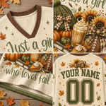 A collage showing a fall-themed v-neck sweater design from multiple angles. The cream-colored sweater features dark brown trim, olive green script text reading 'Just a girl who loves fall,' and a pumpkin-and-autumn illustration.