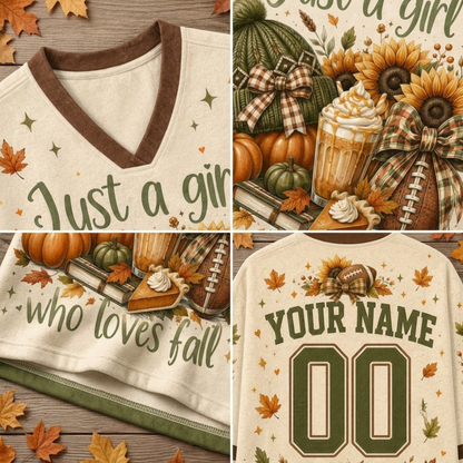 A collage showing a fall-themed v-neck sweater design from multiple angles. The cream-colored sweater features dark brown trim, olive green script text reading 'Just a girl who loves fall,' and a pumpkin-and-autumn illustration.