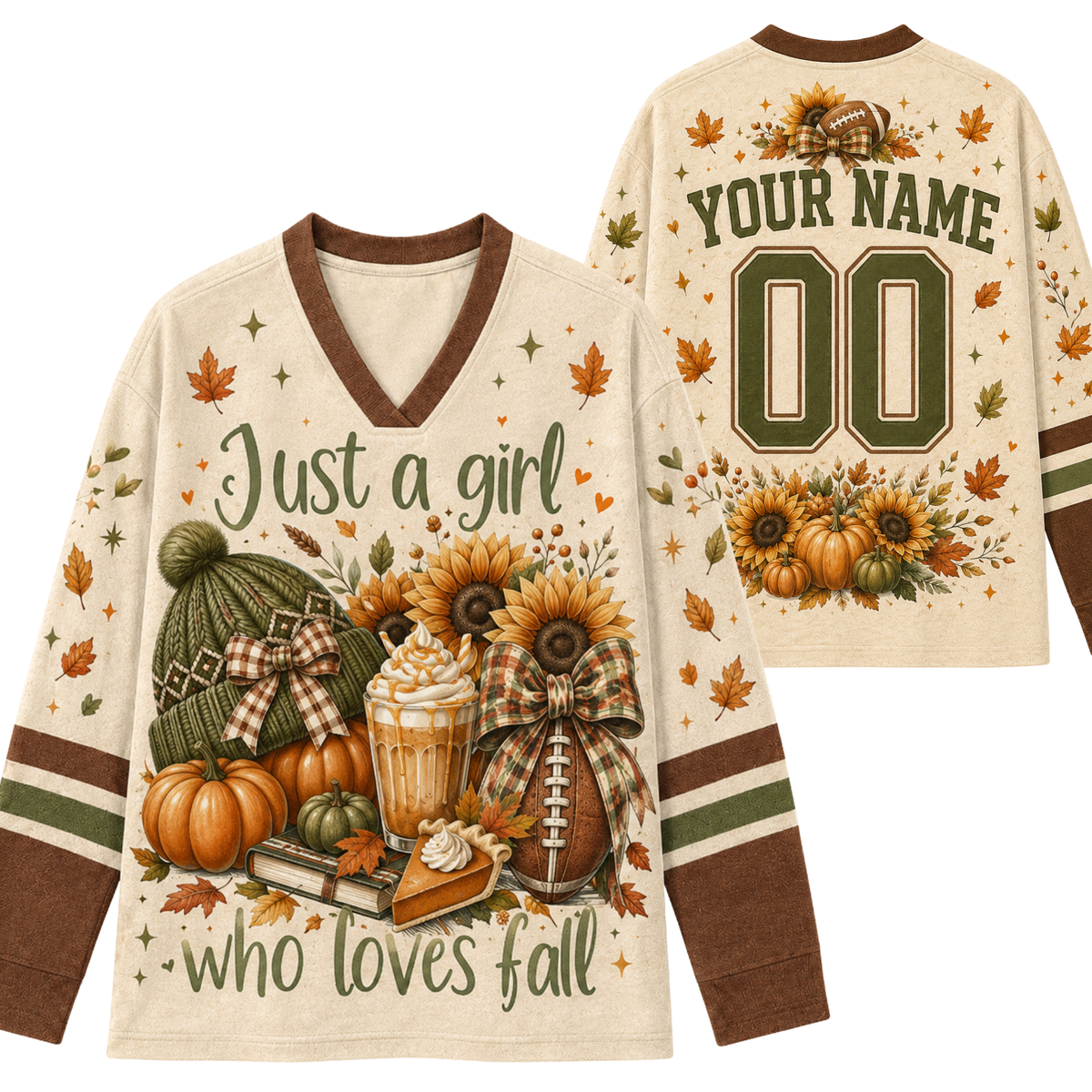 Front and back views of a custom fall-themed football jersey. The cream-colored long-sleeve V-neck jersey features brown trim, green and white striped sleeves, and a detailed graphic of pumpkins, sunflowers, a hot dog, and autumn leaves with the text 'Just a girl who loves fall'.
