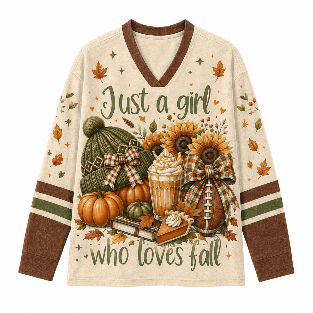 A long-sleeve V-neck graphic shirt in cream with brown trim, featuring an autumn-themed print with pumpkins, sunflowers, leaves, a hat, a drink, a football, and the text 'Just a girl who loves fall' on a plain white background.