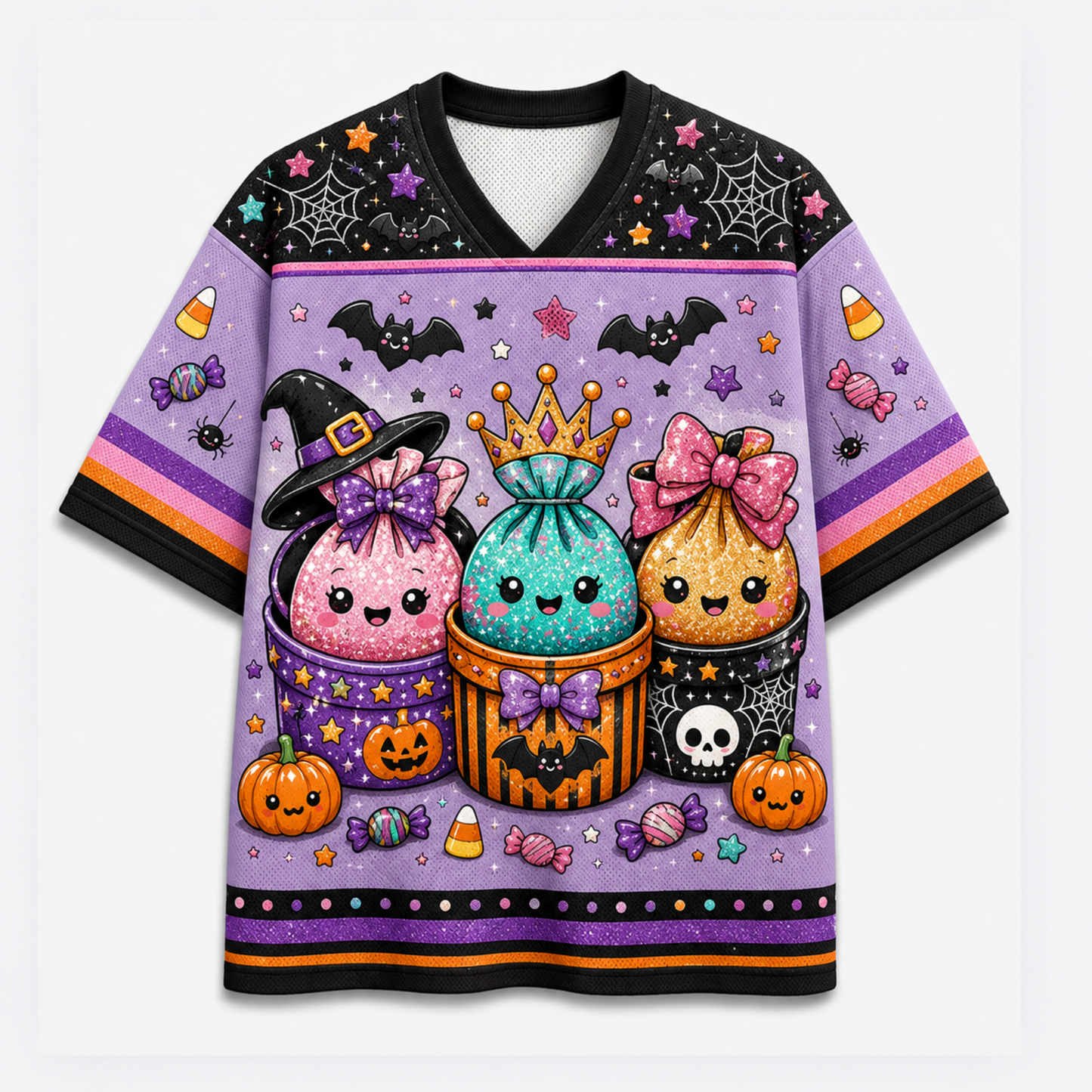 A short-sleeve V-neck t-shirt with a vibrant purple Halloween-themed graphic print featuring three cute, sparkly cupcakes in witch hats, pumpkins, candy corn, and bats on a light gray background.