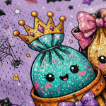 Close-up of a glittery fabric featuring cute cartoon candy characters on a purple Halloween-themed background with stars, spiderwebs, and candy corn.