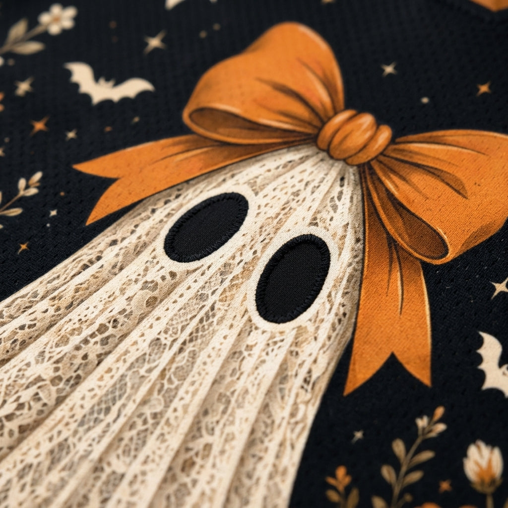 Close-up of a Halloween-themed fabric design featuring a cream lace ghost with black oval eyes and a large orange bow, set against a dark navy background with stars, bats, and floral motifs.