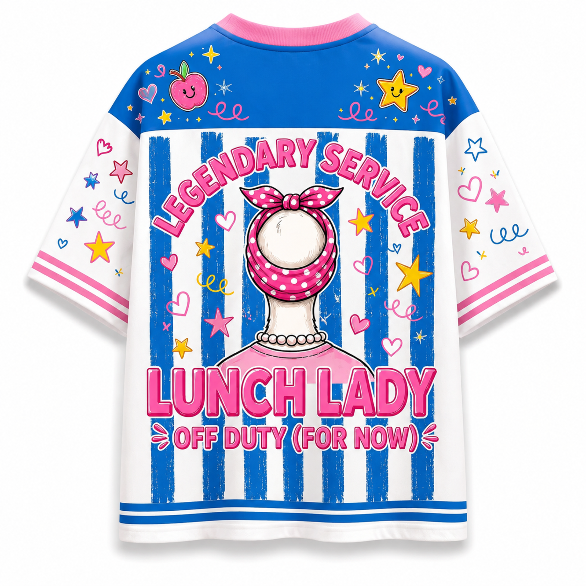 A short-sleeve t-shirt with a colorful graphic print featuring a cartoon character labeled 'LUNCH LADY' and the text 'LEGENDARY SERVICE OFF DUTY (FOR NOW)'. The shirt has blue and white vertical stripes on the front, a blue yoke with pink collar and star/heart prints, and white sleeves with pink and blue accents.