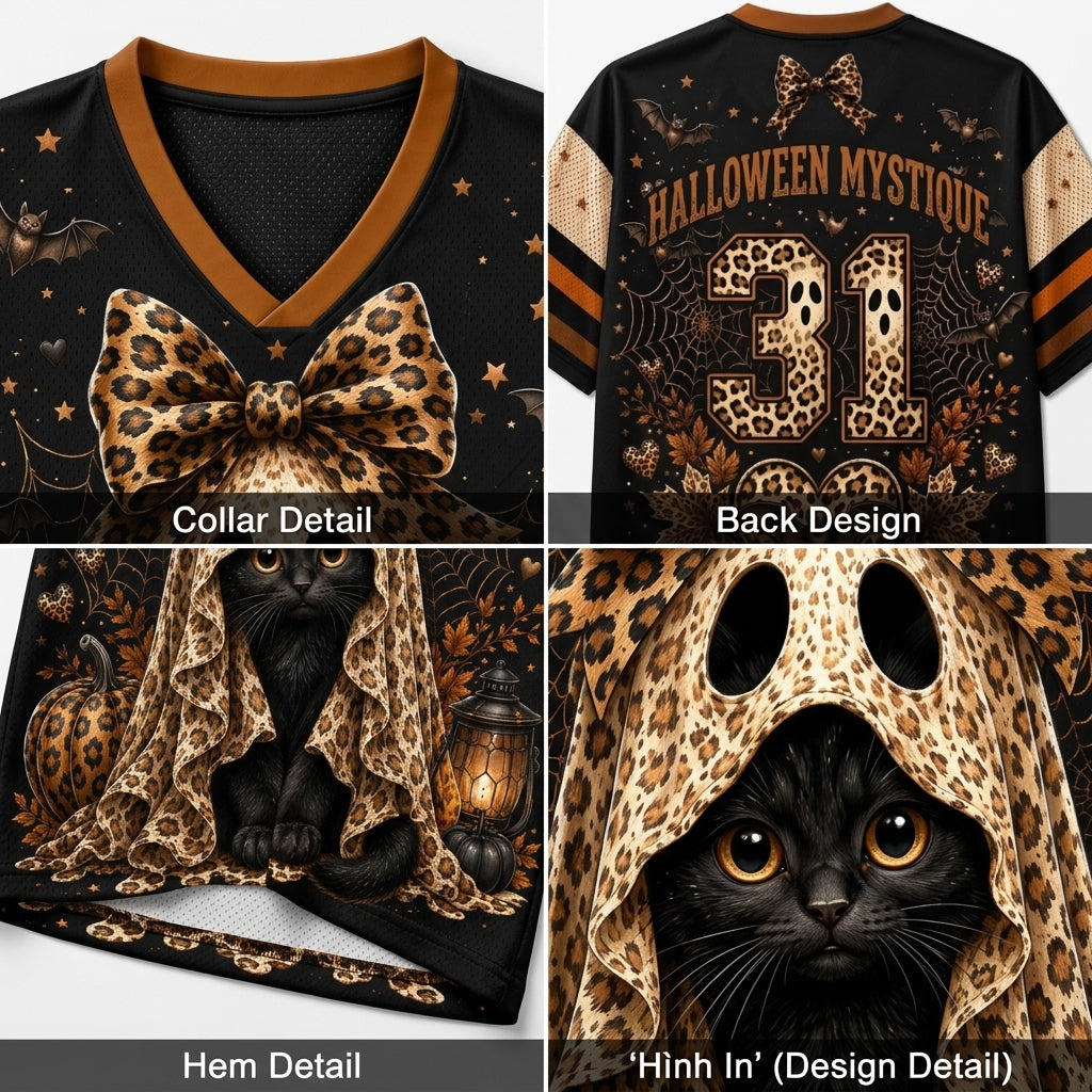 A four-panel product collage showing a Halloween-themed black V-neck jersey or shirt detail view: collar detail with a leopard-print bow, back design with 'Halloween Mystique 31' text and spider graphics, hem detail with a black cat illustration, and back-in design detail featuring a cat hood graphic.