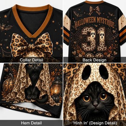 A four-panel product collage showing a Halloween-themed black V-neck jersey or shirt detail view: collar detail with a leopard-print bow, back design with 'Halloween Mystique 31' text and spider graphics, hem detail with a black cat illustration, and back-in design detail featuring a cat hood graphic.
