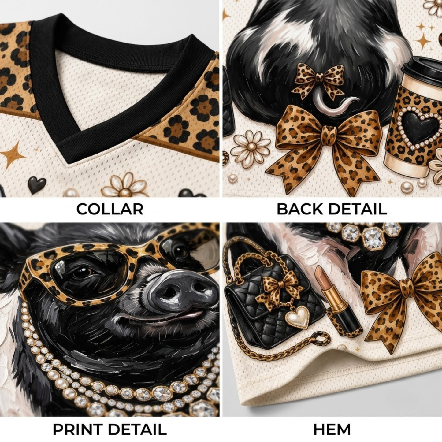 Product compilation highlighting the black V-neck collar, leopard print yoke panel, leopard heart sleeve trims, and breathable mesh fabric.