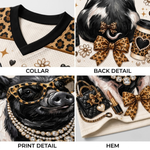 Product compilation highlighting the black V-neck collar, leopard print yoke panel, leopard heart sleeve trims, and breathable mesh fabric.