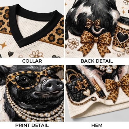 Product compilation highlighting the black V-neck collar, leopard print yoke panel, leopard heart sleeve trims, and breathable mesh fabric.