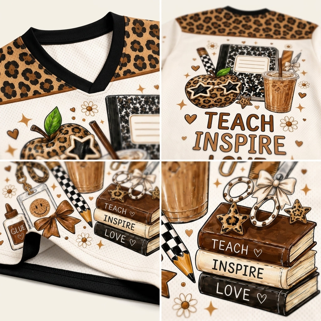 A detailed product collage displaying the black ribbed V-neck collar, neat sleeve hems with brown heart accents, and the rich color sublimation printing on mesh.