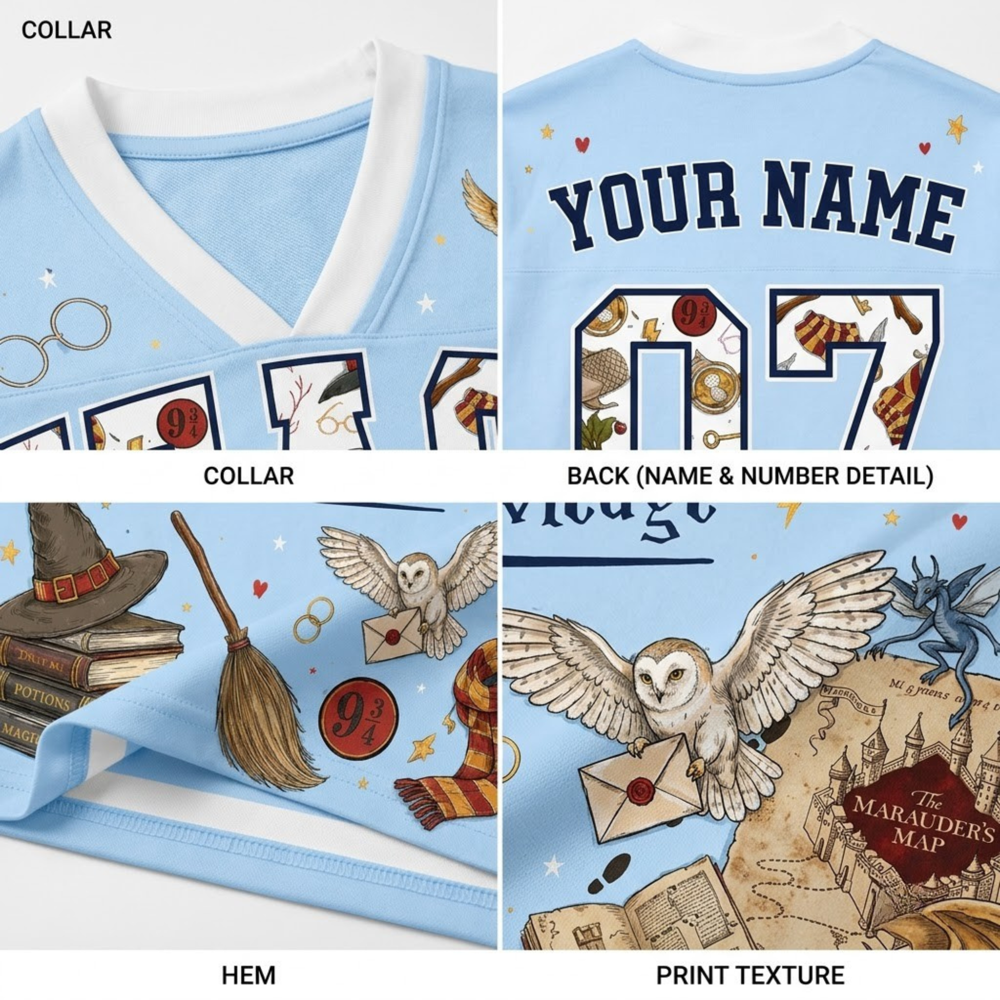 A four-panel product detail collage showing a light blue V-neck t-shirt. The top-left panel shows the collar with white trim and printed wizard motifs.