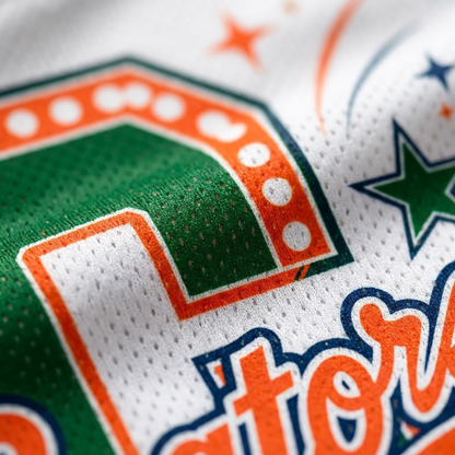 Close-up of a white athletic jersey with green and orange lettering and star details, showing the textured mesh fabric.