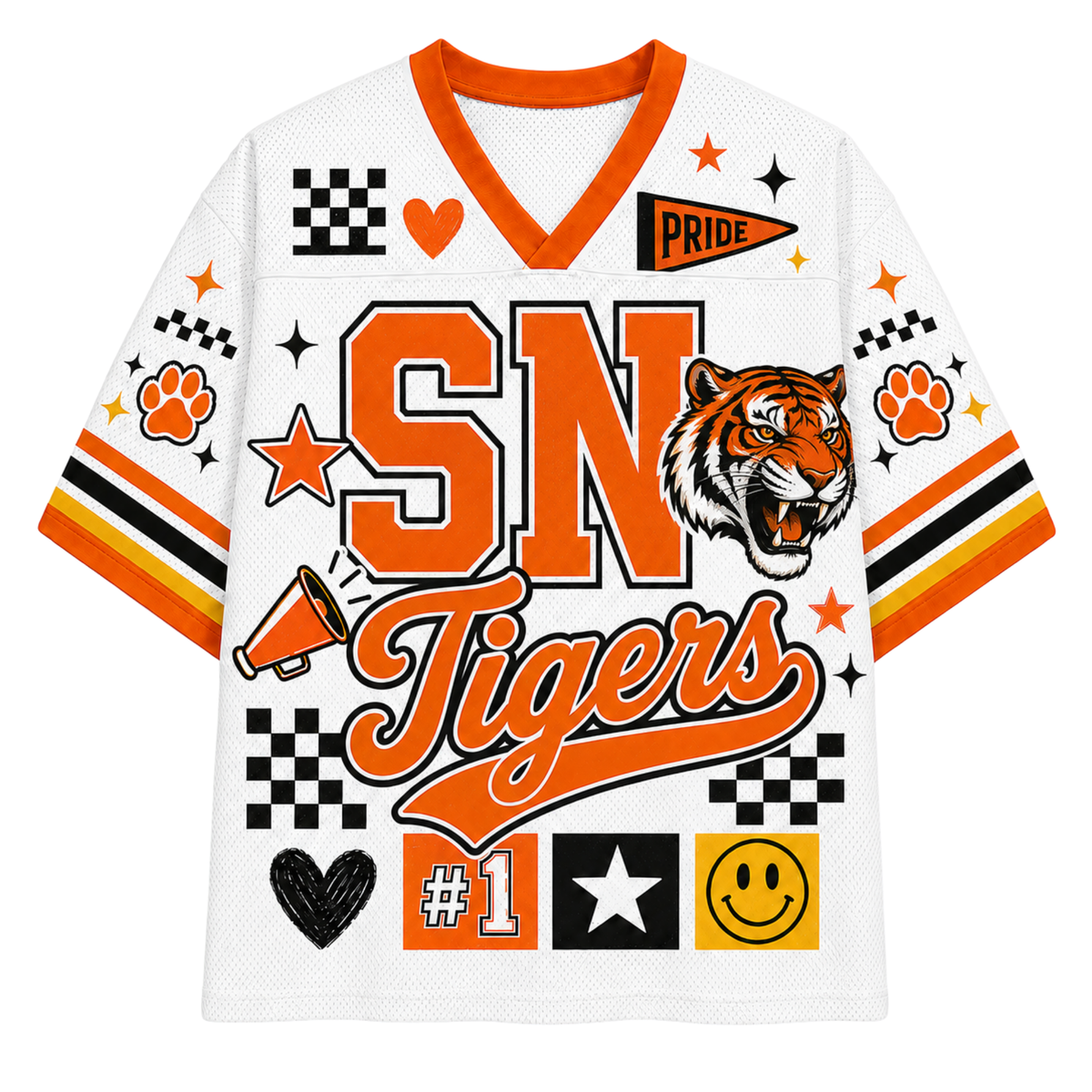 A white mesh V-neck athletic jersey with orange and black graphics, featuring the text 'SN Tigers', a tiger head illustration, paw prints, checkered patterns, stars, and motivational icons on the front.
