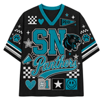 A black short-sleeve V-neck jersey-style shirt with teal and white graphics reading 'SN Panthers,' a panther head logo, paw prints, stars, checkered details, and a 'Pride' pennant on the chest, shown on a plain white background.
