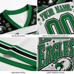 Four-panel close-up collage showing details of a custom sports jersey: neckline detail, back customization close-up with placeholder text, hem band detail, and chest graphic detail featuring eagle artwork and the word EAGLES.