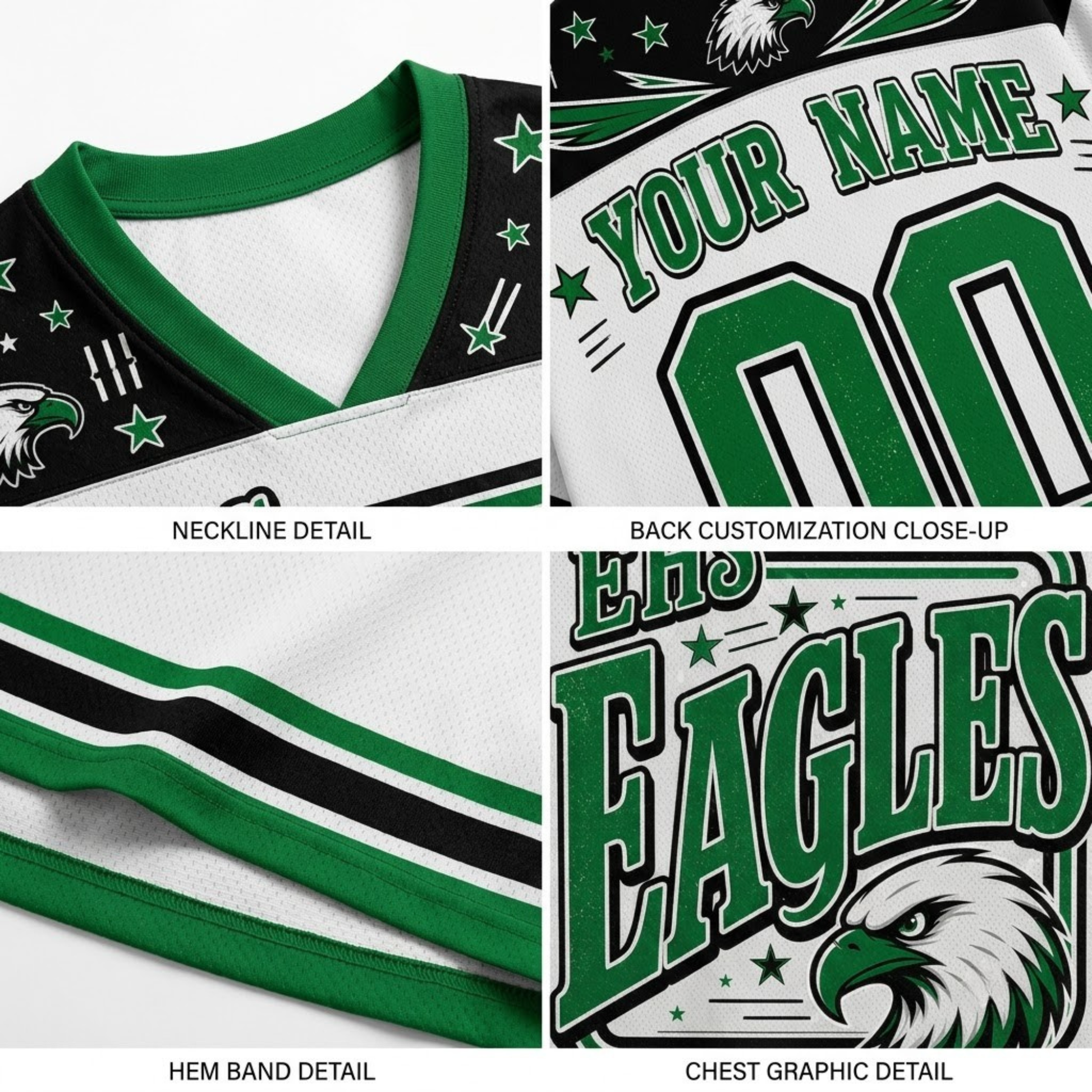 Four-panel close-up collage showing details of a custom sports jersey: neckline detail, back customization close-up with placeholder text, hem band detail, and chest graphic detail featuring eagle artwork and the word EAGLES.