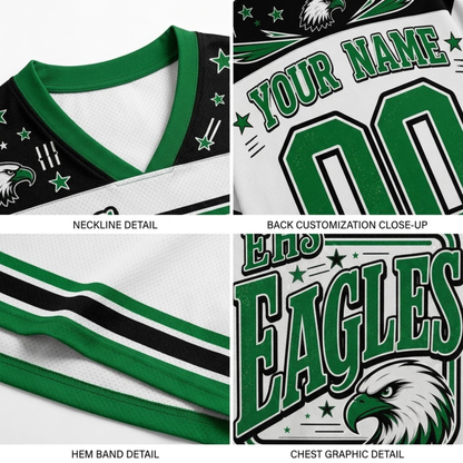 Four-panel close-up collage showing details of a custom sports jersey: neckline detail, back customization close-up with placeholder text, hem band detail, and chest graphic detail featuring eagle artwork and the word EAGLES.