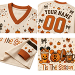 A four-panel product collage showing a cream-colored custom Halloween-themed long-sleeve shirt. The top-left panel shows the V-neck collar with orange ribbed trim and pumpkin motifs.
