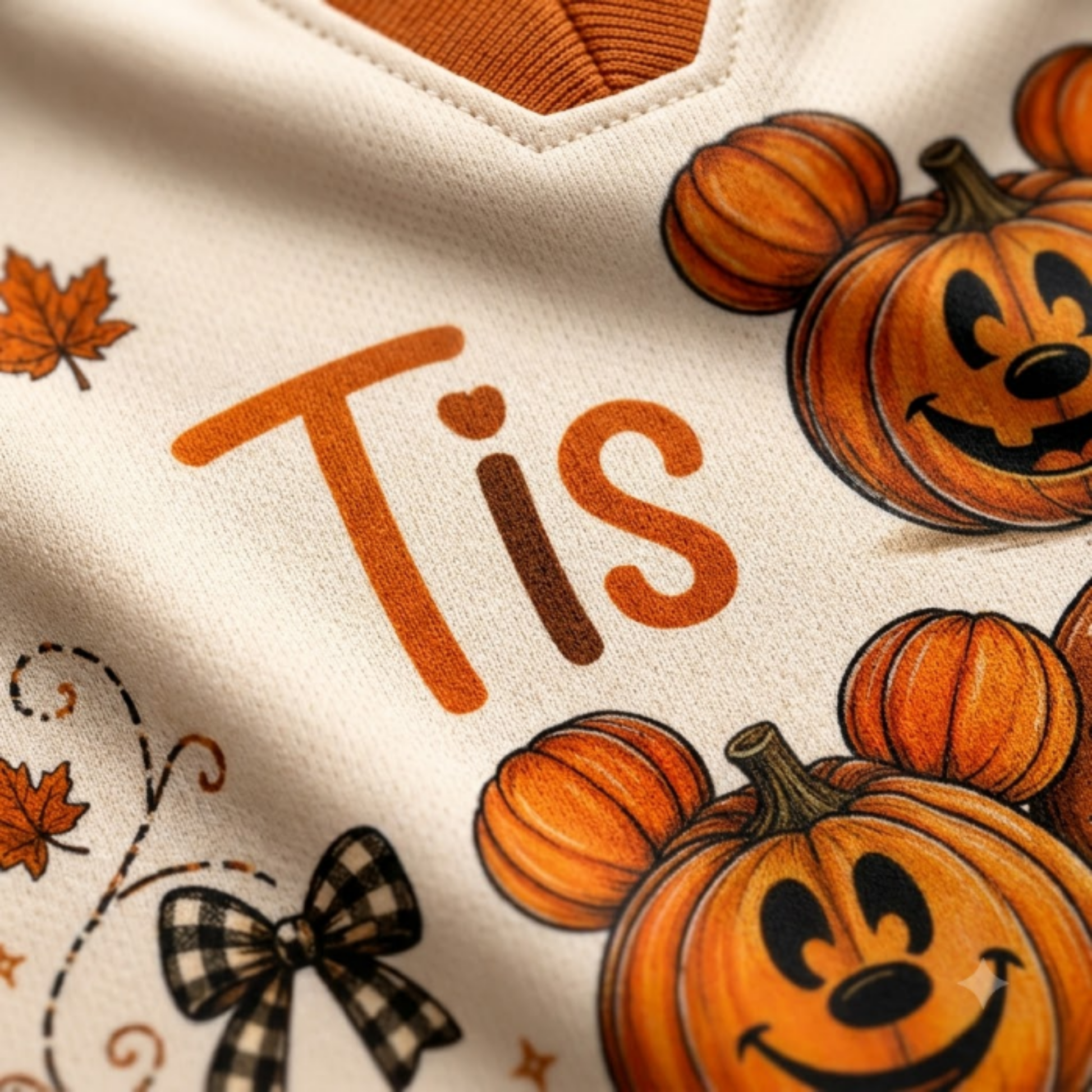 Close-up of a cream-colored garment with orange text reading 'Tis', orange pumpkin illustrations with Mickey Mouse-style ears, autumn leaves, and a black-and-white plaid bow.