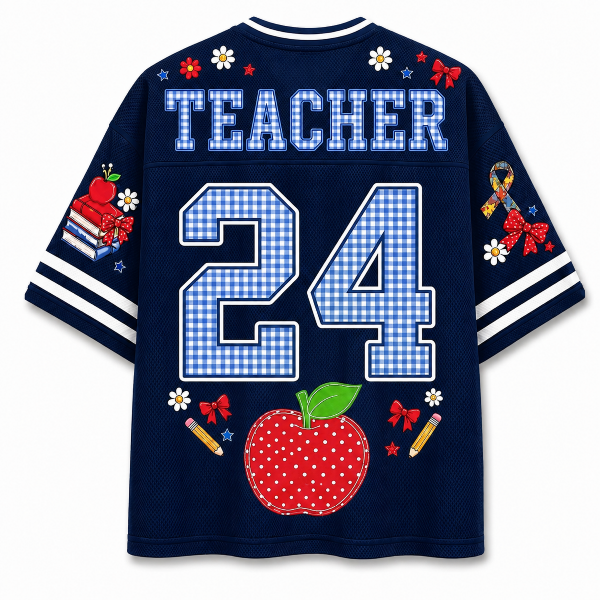 A navy blue short-sleeve t-shirt shown from the back, featuring 'TEACHER' and the number '24' in a blue-and-white gingham pattern. The shirt is decorated with a red polka-dotted apple, pencils, flowers, bows, and a ribbon on the sleeves and back.
