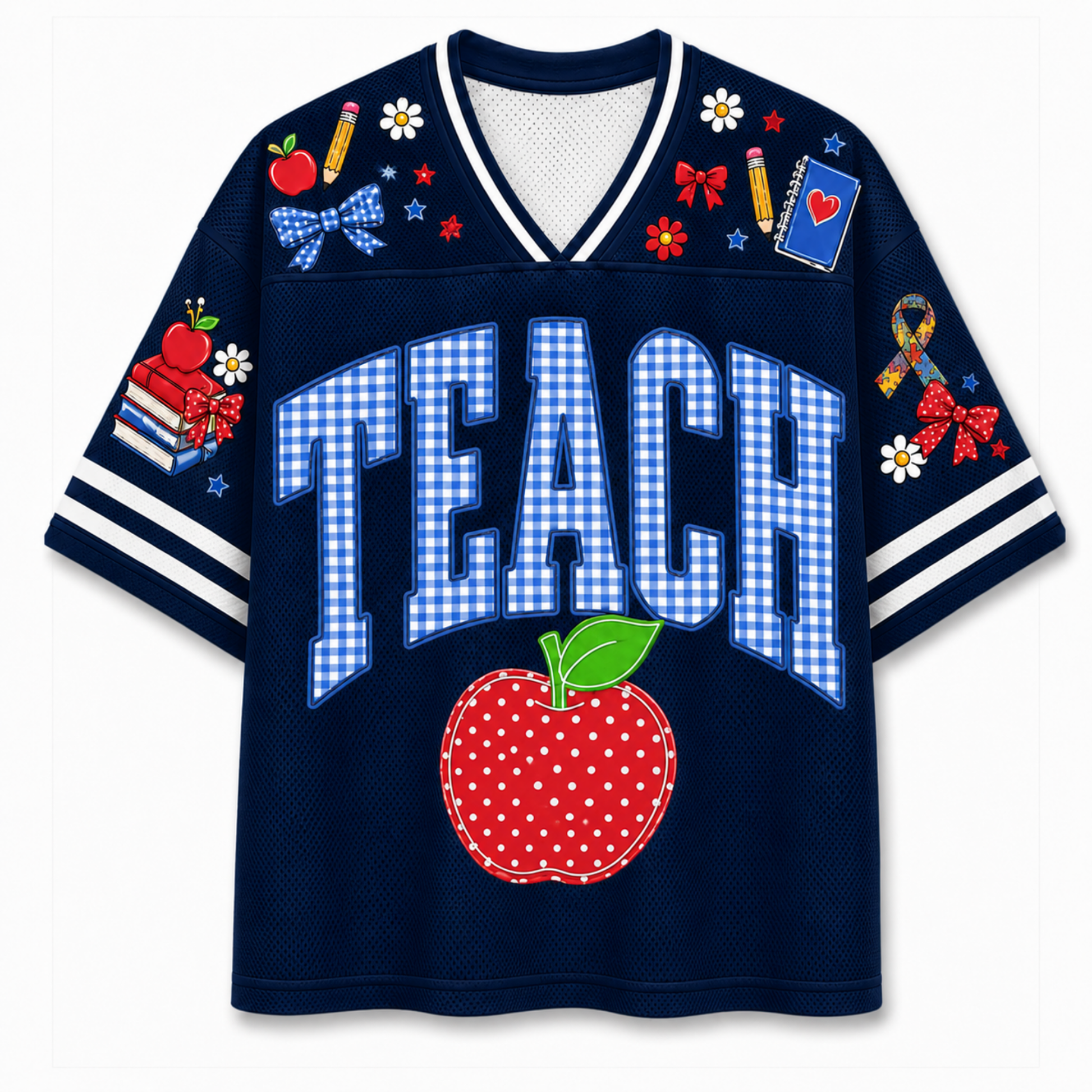 A navy blue mesh V-neck t-shirt with 'TEACH' written in blue-and-white gingham block letters across the front, a red polka-dot apple graphic below, and school-themed patches on the shoulders and sleeves.