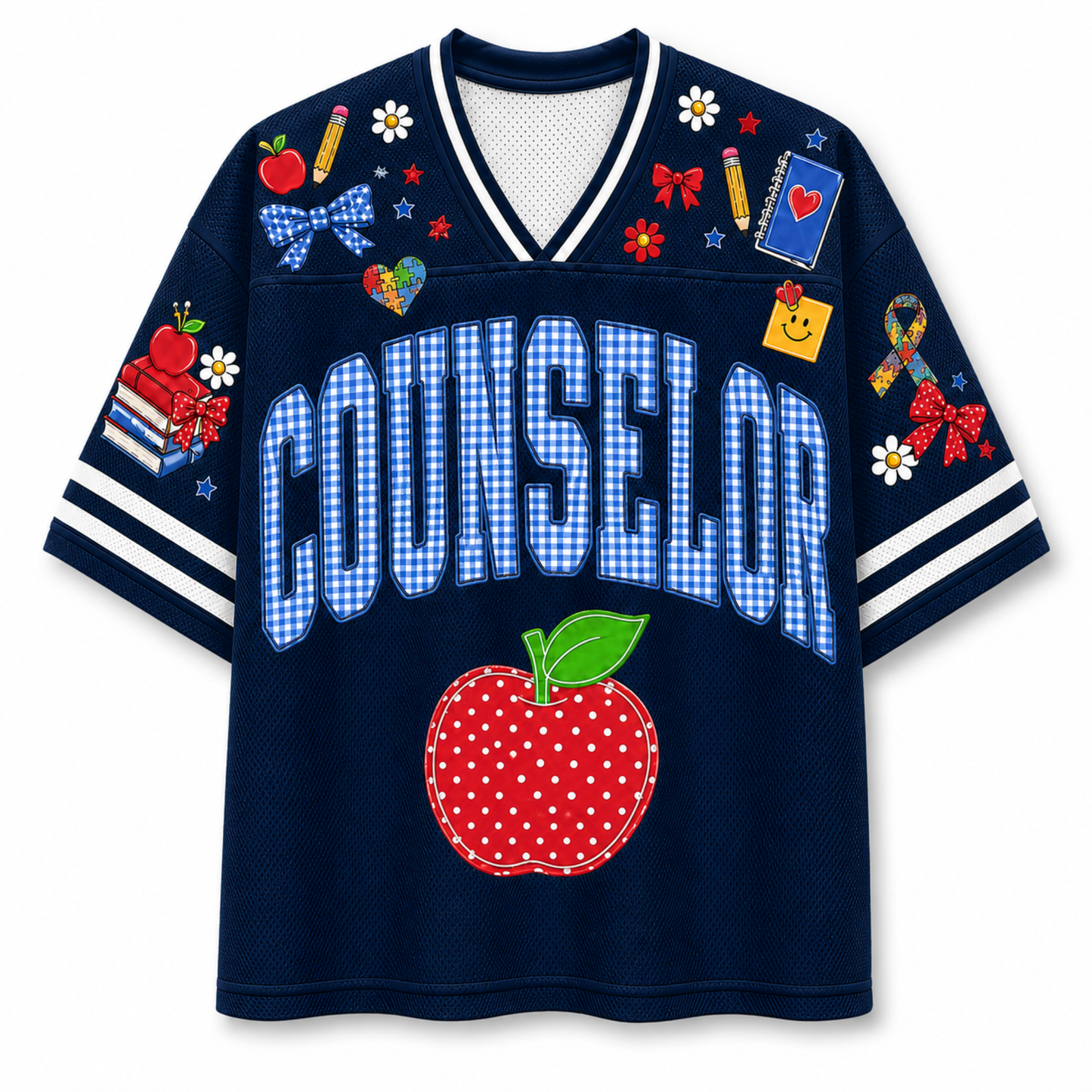 Front view of the navy blue varsity jersey displaying 'COUNSELOR' in blue gingham pattern above a red stitched apple and school supply doodles.