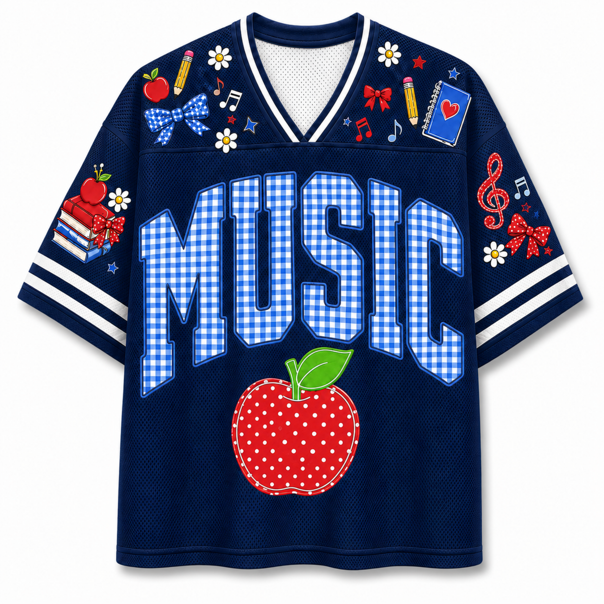 Front view of the navy blue varsity jersey displaying 'MUSIC' in blue gingham pattern above a red stitched apple and school supply doodles.