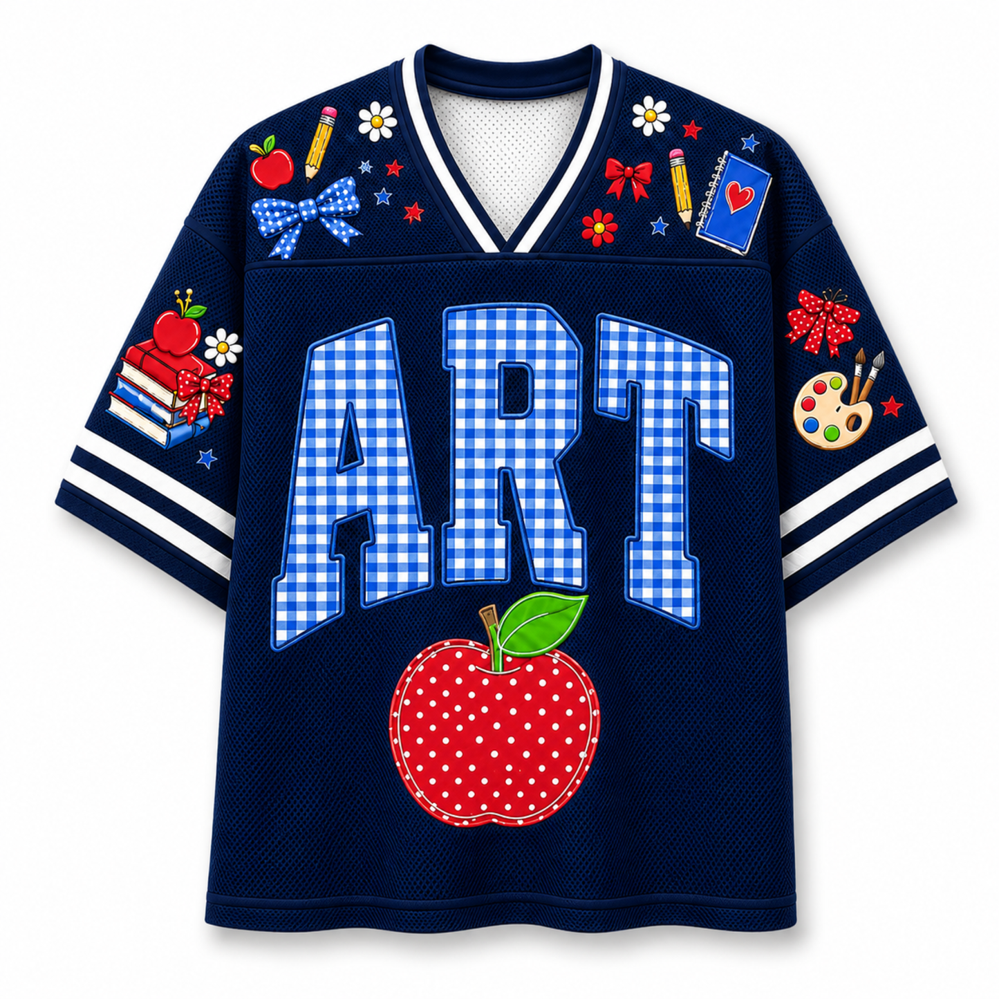 Front view of the navy blue varsity jersey displaying 'ART' in blue gingham pattern above a red stitched apple and school supply doodles.