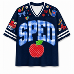 Front view of the navy blue varsity jersey displaying 'SPED' in blue gingham pattern above a red stitched apple and school supply doodles.