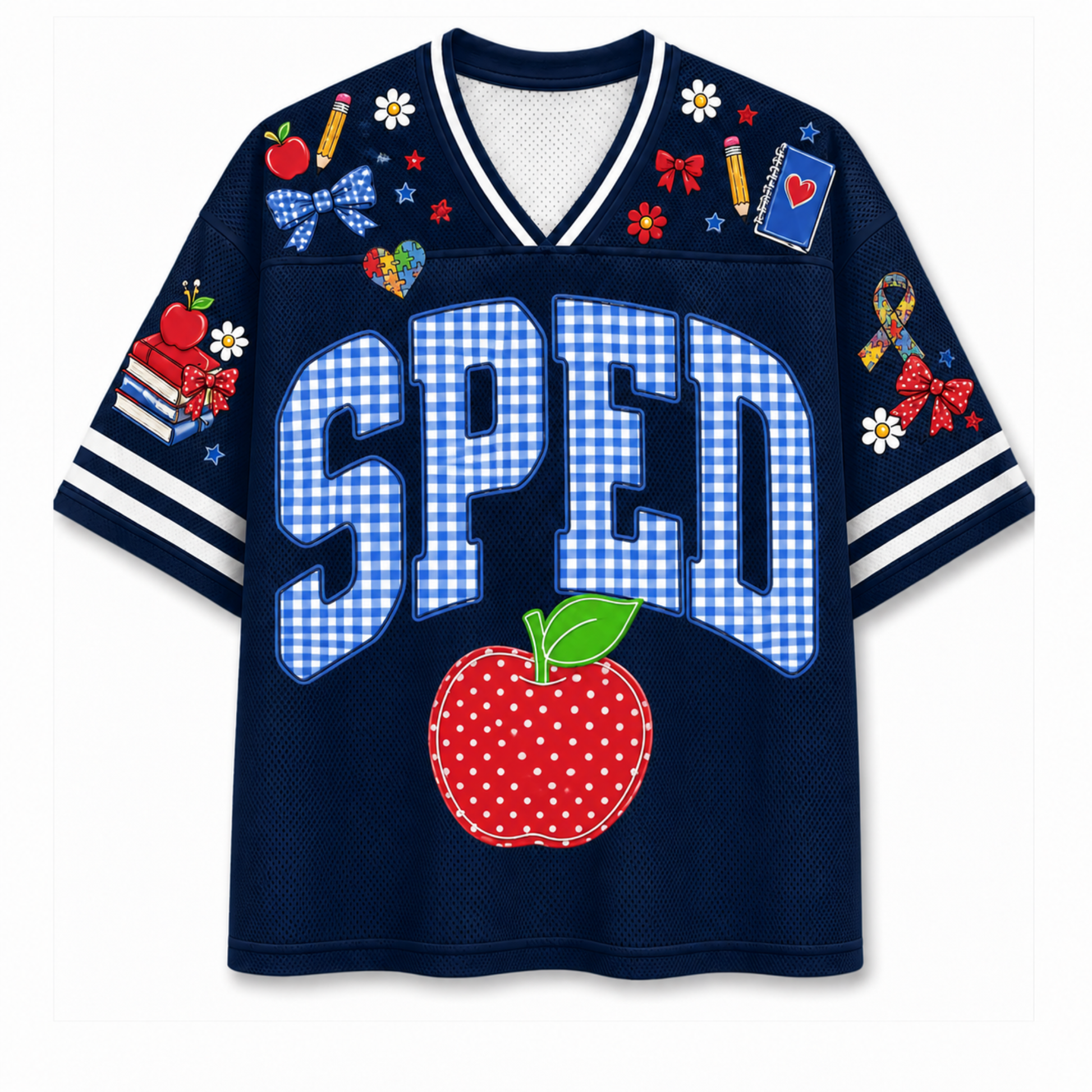 Front view of the navy blue varsity jersey displaying 'SPED' in blue gingham pattern above a red stitched apple and school supply doodles.