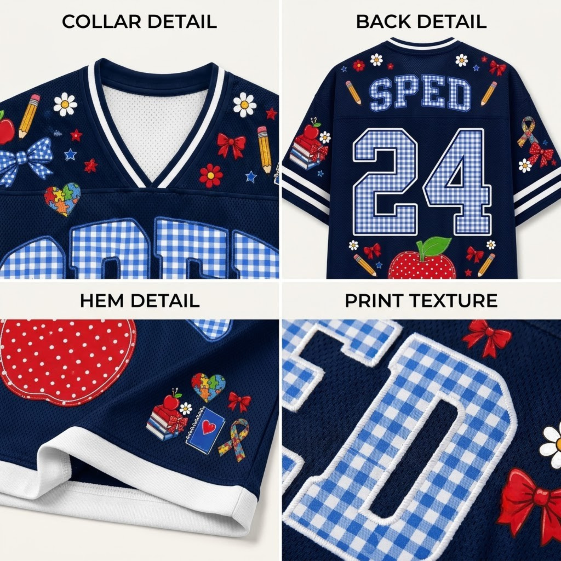 A four-panel product detail collage of a navy blue sports jersey with white and blue gingham lettering and patches. The panels are labeled 'COLLAR DETAIL', 'BACK DETAIL', 'HEM DETAIL', and 'PRINT TEXTURE', showing close-ups of the collar, back number 24 with the name SPED, hem fold, and fabric print.