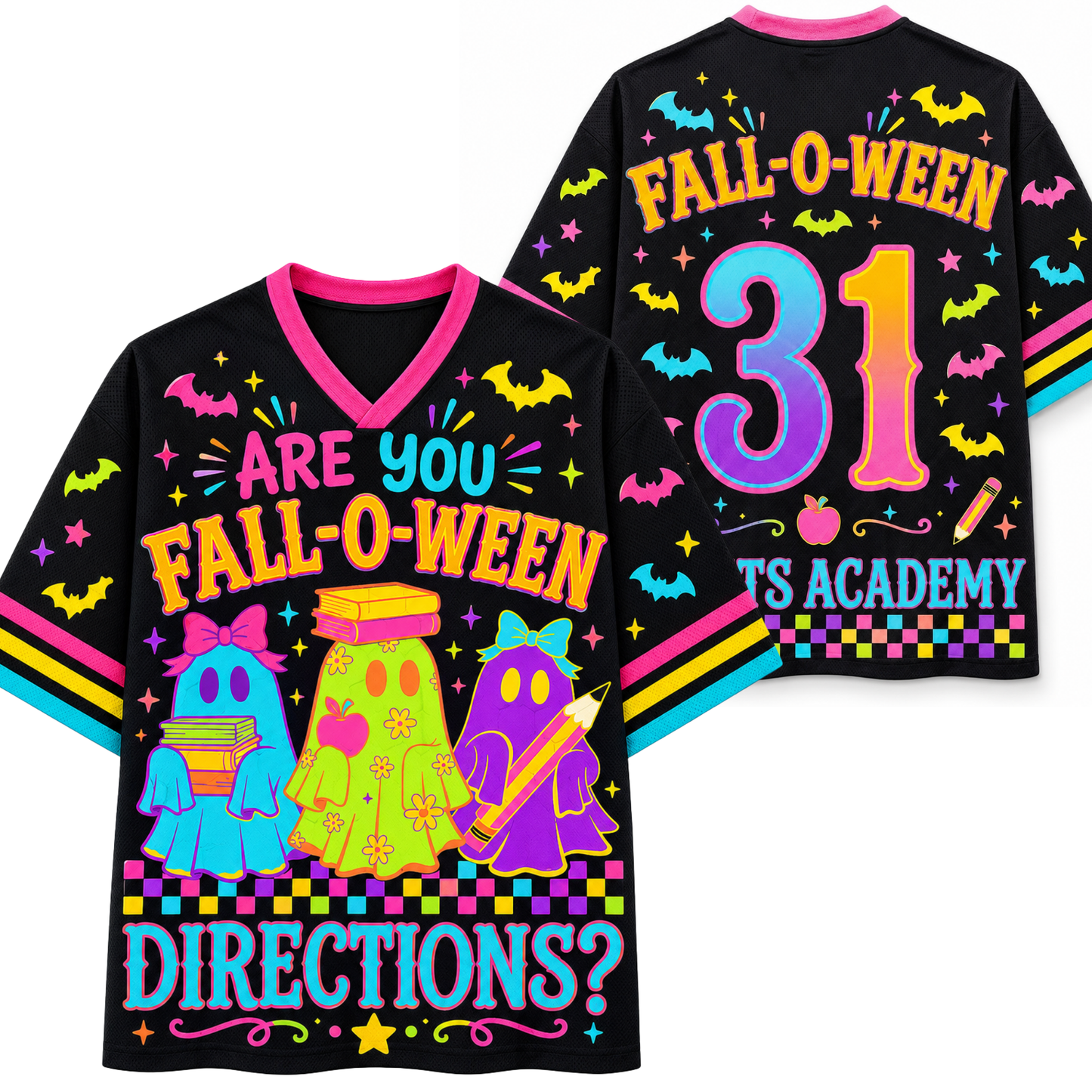 A black V-neck graphic T-shirt shown from both front and back on a white background. The shirt features bright neon Halloween-themed graphics including bats, stars, three colorful ghosts, and large text reading 'FALL-O-WEEEN', '31', 'ARE YOU FALL-O-WEEEN', and 'DIRECTIONS?'.