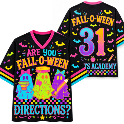 A black V-neck graphic T-shirt shown from both front and back on a white background. The shirt features bright neon Halloween-themed graphics including bats, stars, three colorful ghosts, and large text reading 'FALL-O-WEEEN', '31', 'ARE YOU FALL-O-WEEEN', and 'DIRECTIONS?'.