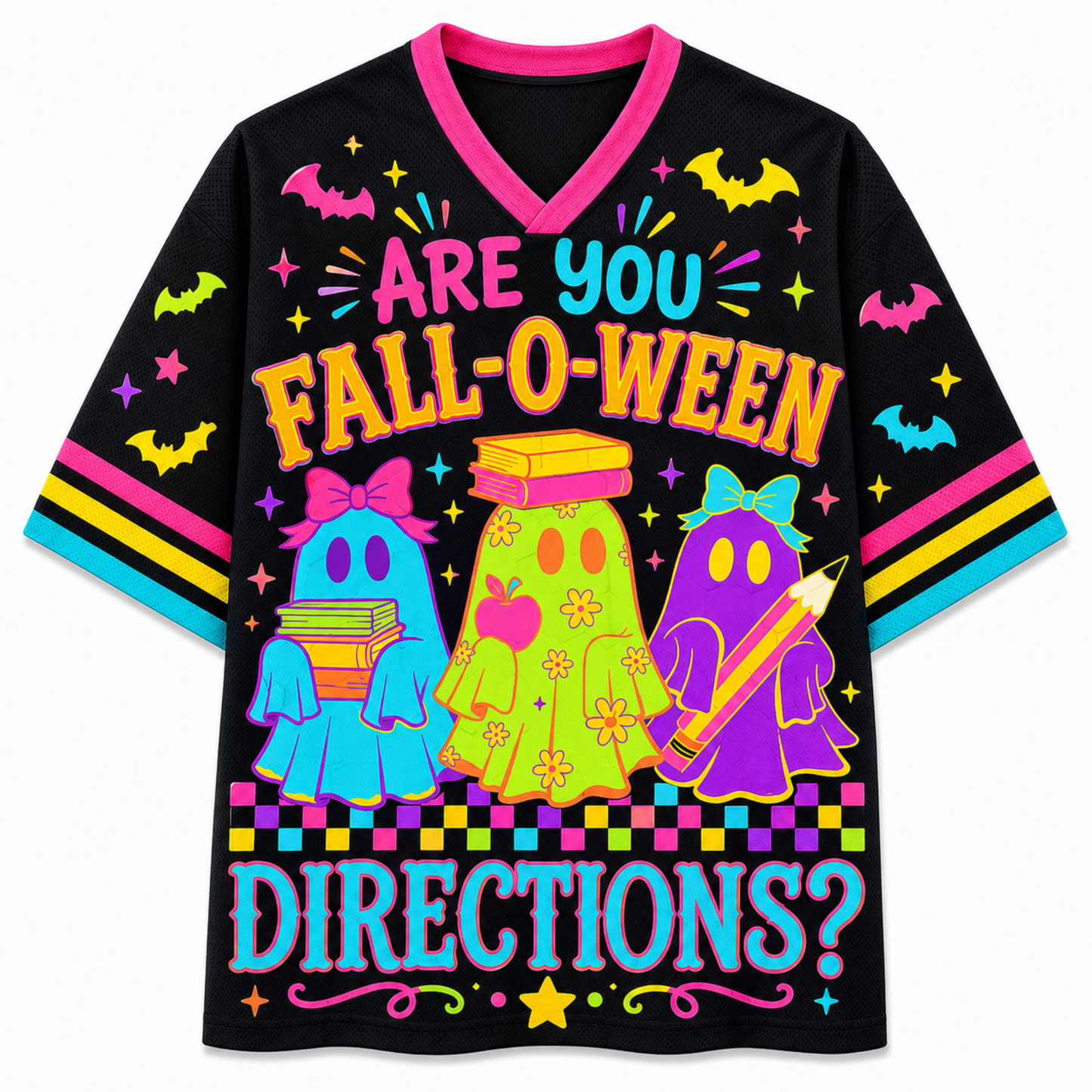 A black short-sleeve V-neck T-shirt with a colorful Halloween graphic that reads 'ARE YOU FALL-O-WEEEN DIRECTIONS?' featuring three ghost characters and neon-style text and accents.