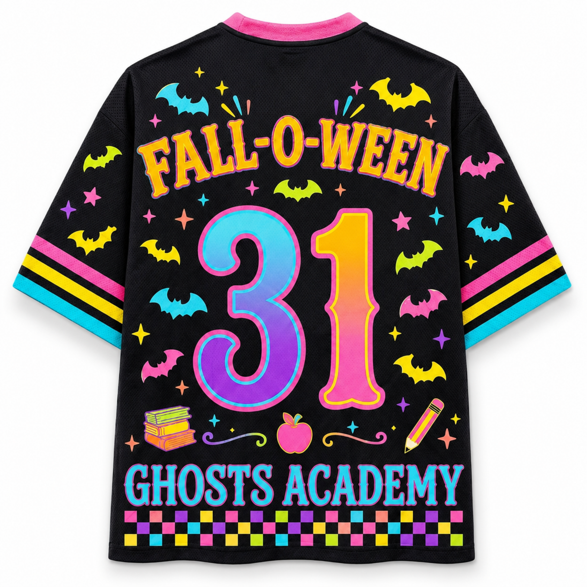 A black short-sleeve t-shirt with a colorful Halloween-themed graphic on the back. The design features 'FALL-O-WEEN' in yellow, a large '31' in a blue-to-pink gradient, 'GHOSTS ACADEMY' in light blue, and various colorful bat, star, apple, and pencil illustrations.