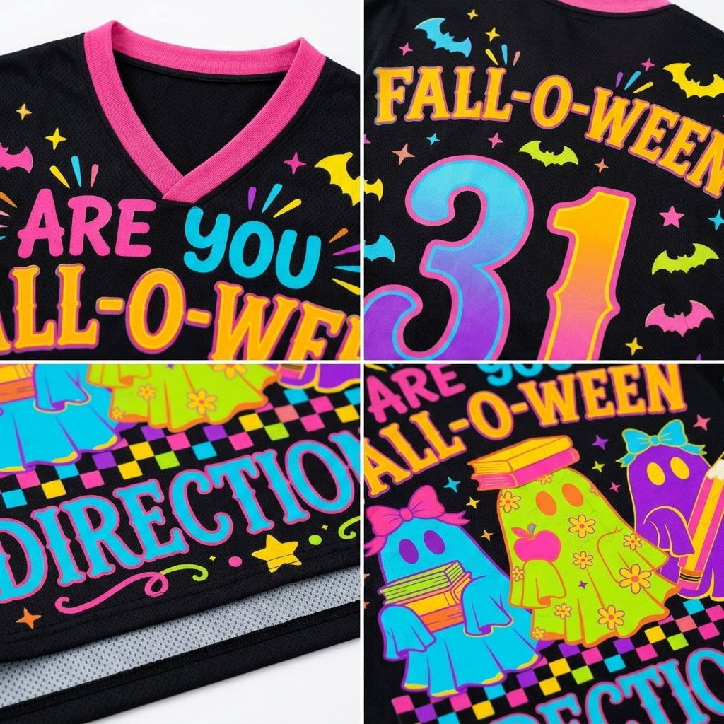 A black V-neck T-shirt with bright neon Halloween-themed graphics, shown in a four-panel collage. The shirt features colorful text reading 'ARE YOU FALL-O-WEEEN' and 'DIRECTION', a large pastel '31' on one panel, bats, ghosts, and a ghost character with flowers on another panel.